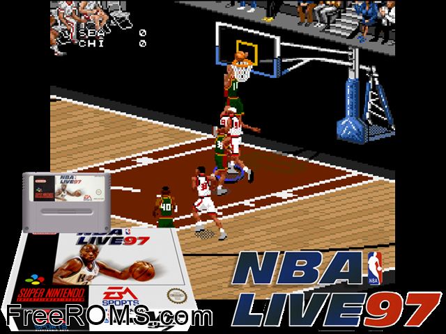 NBA Live '97 SNES game showing 3D box cover and gameplay screenshot