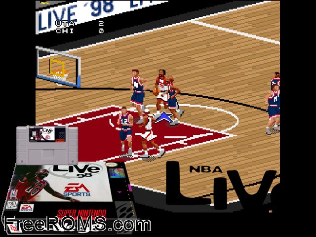 NBA Live '98 SNES game showing 3D box cover and gameplay screenshot