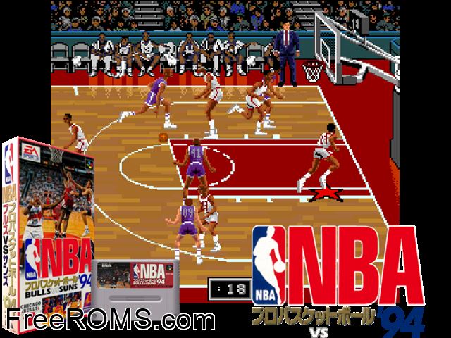 NBA Showdown SNES game showing 3D box cover and gameplay screenshot