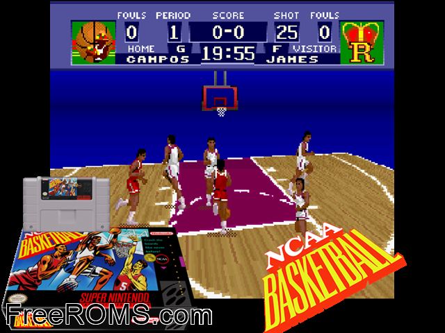 NCAA Basketball SNES game showing 3D box cover and gameplay screenshot