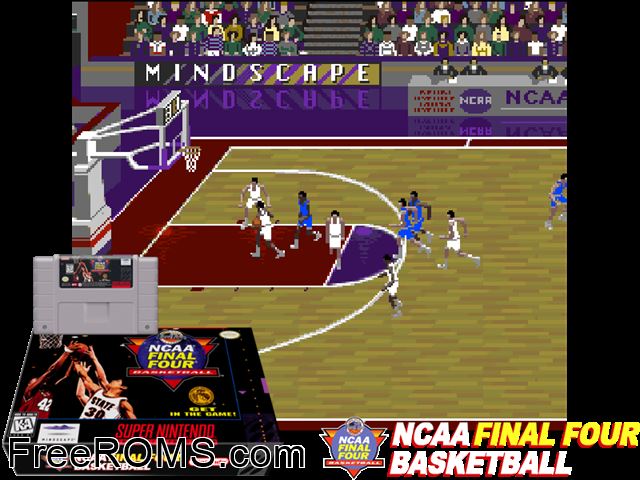 NCAA Final Four Basketball SNES game showing 3D box cover and gameplay screenshot