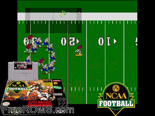 NCAA Football SNES game showing 3D box cover and gameplay screenshot