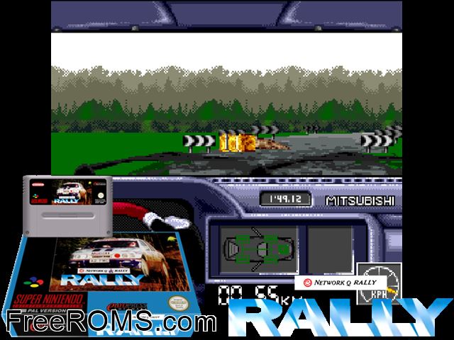 Network Q Rally SNES game showing 3D box cover and gameplay screenshot
