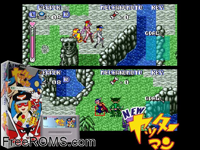 New Yatterman - Nandai Kandai Yajirobee SNES game showing 3D box cover and gameplay screenshot