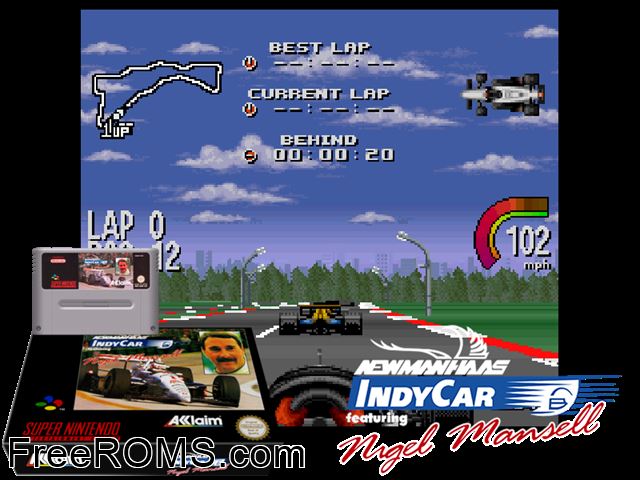Newman-Hass Indy Car Featuring Nigel Mansell SNES game showing 3D box cover and gameplay screenshot