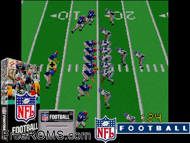 NFL Football SNES game showing 3D box cover and gameplay screenshot