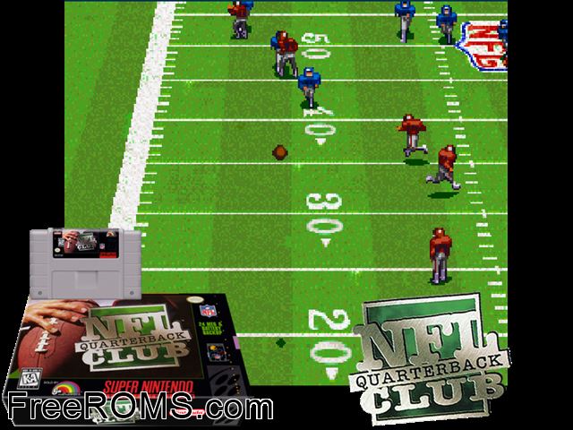 NFL Quarterback Club SNES game showing 3D box cover and gameplay screenshot