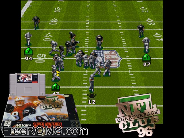 NFL Quarterback Club '96 SNES game showing 3D box cover and gameplay screenshot