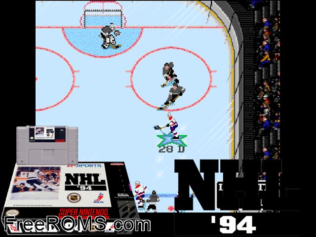 NHL '94 SNES game showing 3D box cover and gameplay screenshot