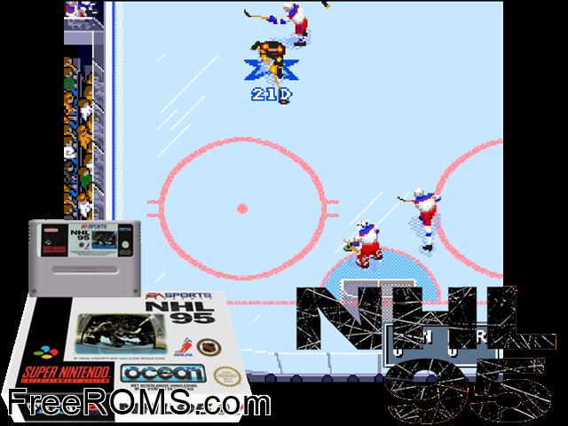 NHL '95 SNES game showing 3D box cover and gameplay screenshot