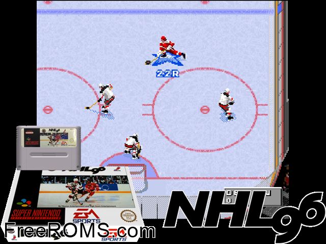 NHL '96 SNES game showing 3D box cover and gameplay screenshot