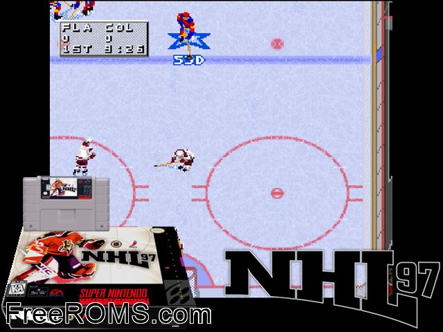 NHL '97 SNES game showing 3D box cover and gameplay screenshot
