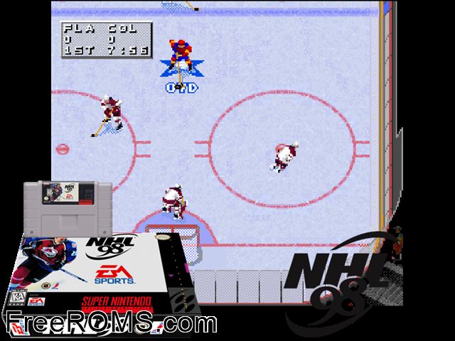 NHL '98 SNES game showing 3D box cover and gameplay screenshot