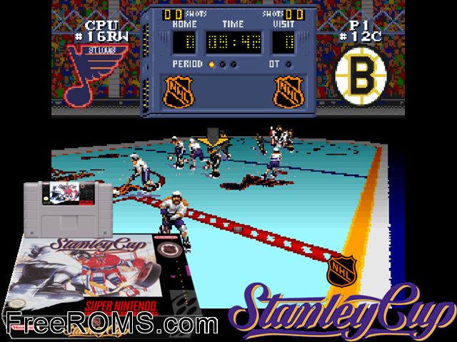 NHL Stanley Cup SNES game showing 3D box cover and gameplay screenshot