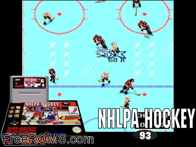 NHLPA Hockey '93 SNES game showing 3D box cover and gameplay screenshot