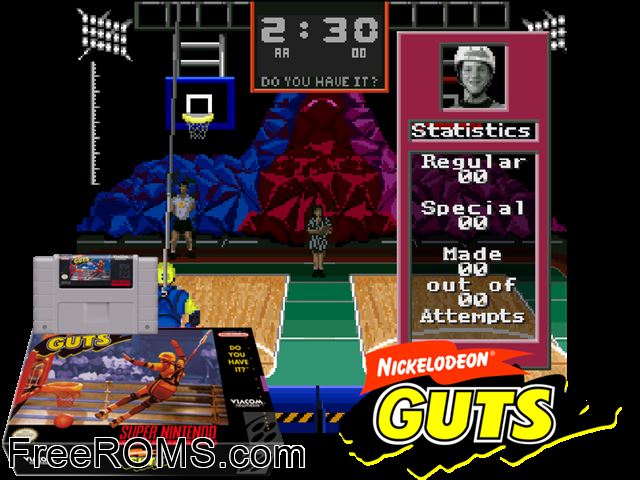 Nickelodeon GUTS SNES game showing 3D box cover and gameplay screenshot