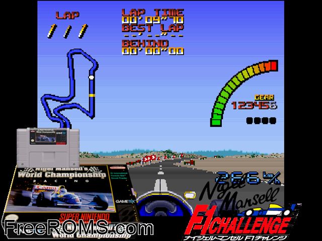 Nigel Mansell's World Championship Racing SNES game showing 3D box cover and gameplay screenshot