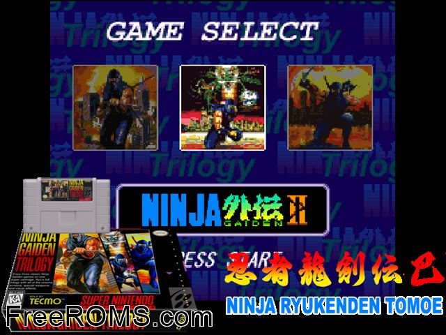 Ninja Gaiden Trilogy SNES game showing 3D box cover and gameplay screenshot