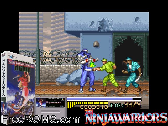 Ninja Warriors, The SNES game showing 3D box cover and gameplay screenshot