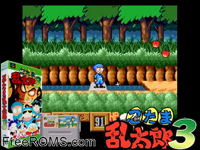 Nintama Rantarou 3 SNES game showing 3D box cover and gameplay screenshot