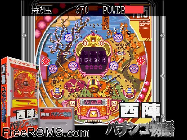 Nishijin Pachinko Monogatari SNES game showing 3D box cover and gameplay screenshot