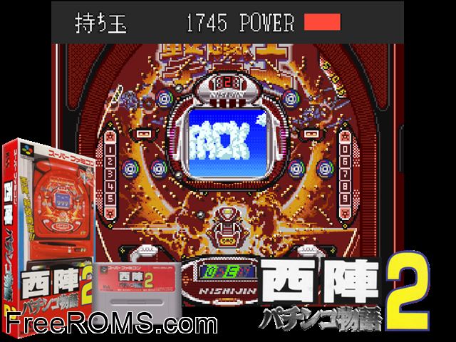 Nishijin Pachinko Monogatari 2 SNES game showing 3D box cover and gameplay screenshot