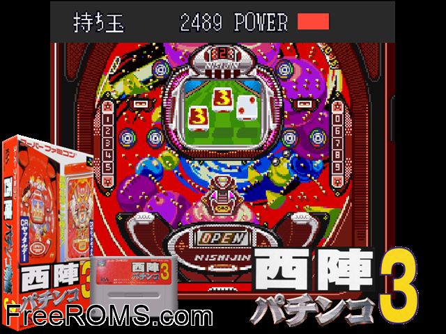 Nishijin Pachinko Monogatari 3 SNES game showing 3D box cover and gameplay screenshot