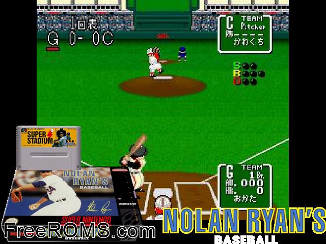 Nolan Ryan's Baseball SNES game showing 3D box cover and gameplay screenshot