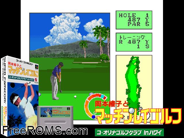 Okamoto Ayako to Match Play Golf SNES game showing 3D box cover and gameplay screenshot