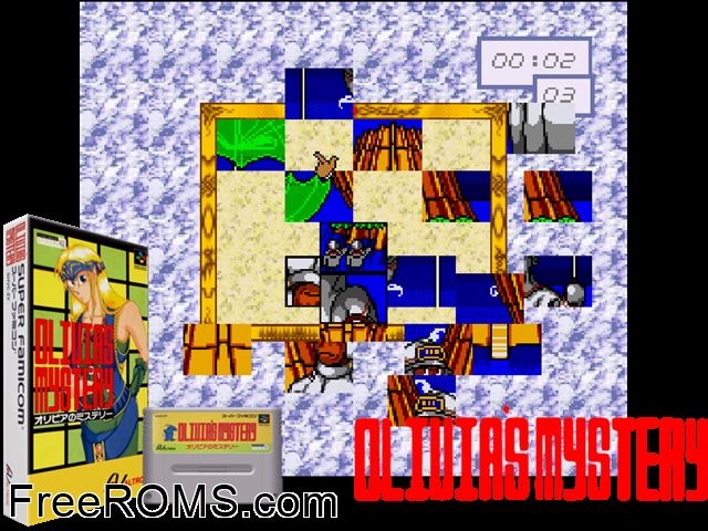 Olivia's Mystery SNES game showing 3D box cover and gameplay screenshot