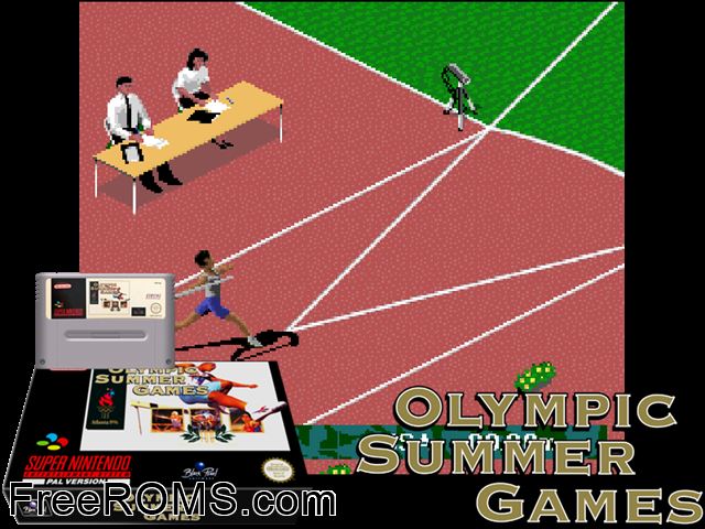 Olympic Summer Games 96 SNES game showing 3D box cover and gameplay screenshot