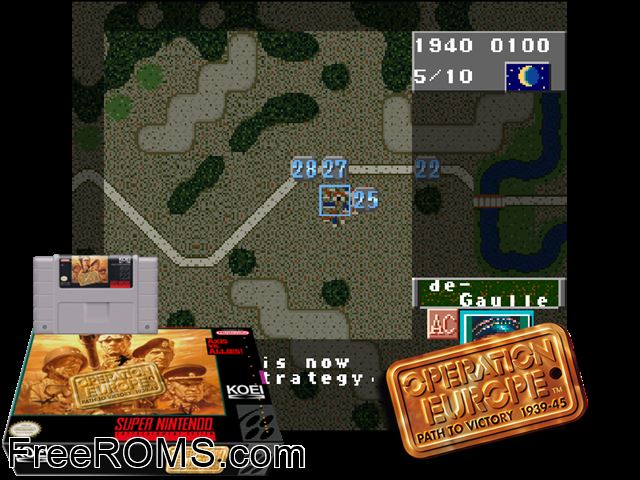 Operation Europe - Path to Victory 1939-45 SNES game showing 3D box cover and gameplay screenshot