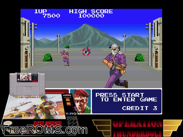 Operation Thunderbolt SNES game showing 3D box cover and gameplay screenshot
