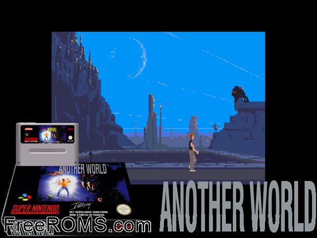 Out of This World SNES game showing 3D box cover and gameplay screenshot