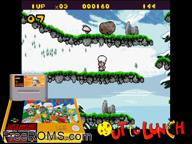 Out to Lunch SNES game showing 3D box cover and gameplay screenshot