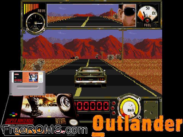 Outlander SNES game showing 3D box cover and gameplay screenshot