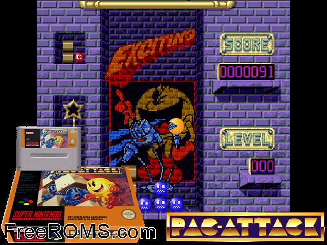 Pac-Attack SNES game showing 3D box cover and gameplay screenshot