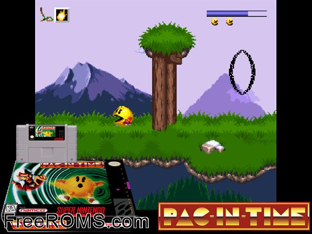 Pac-in-Time SNES game showing 3D box cover and gameplay screenshot