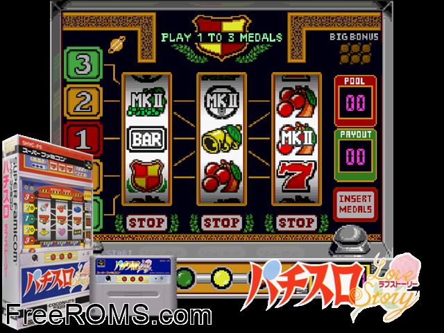 Pachi-Slot Love Story SNES game showing 3D box cover and gameplay screenshot