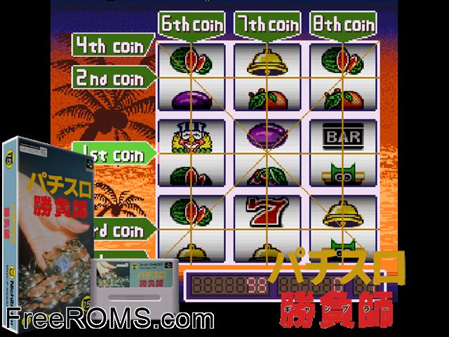 Pachi-Slot Shoubushi SNES game showing 3D box cover and gameplay screenshot