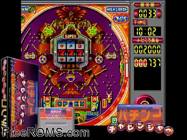 Pachinko Challenger SNES game showing 3D box cover and gameplay screenshot