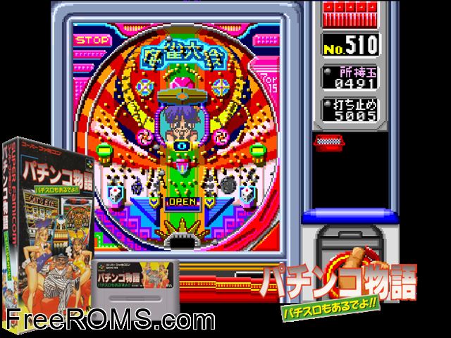 Pachinko Monogatari - Pachi-Slot mo Aru deyo!! SNES game showing 3D box cover and gameplay screenshot