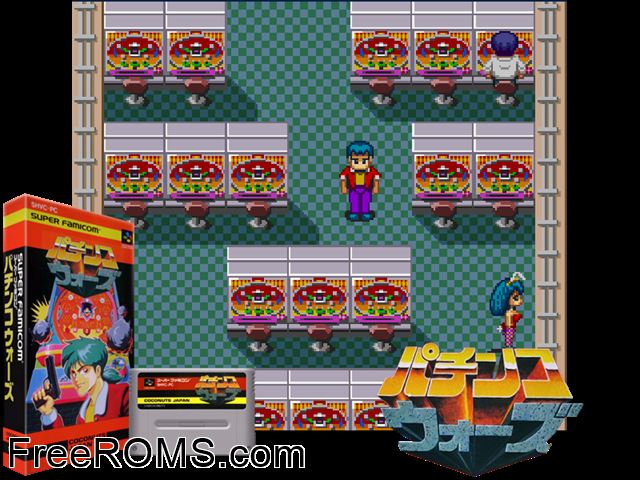 Pachinko Wars SNES game showing 3D box cover and gameplay screenshot