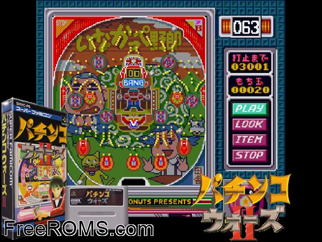 Pachinko Wars II SNES game showing 3D box cover and gameplay screenshot