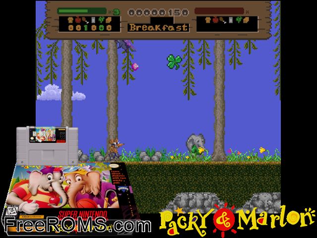 Packy And Marlon SNES game showing 3D box cover and gameplay screenshot