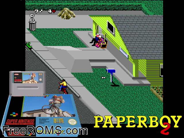 Paperboy 2 SNES game showing 3D box cover and gameplay screenshot