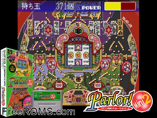 Parlor! Mini 2 - Pachinko Jikki Simulation Game SNES game showing 3D box cover and gameplay screenshot