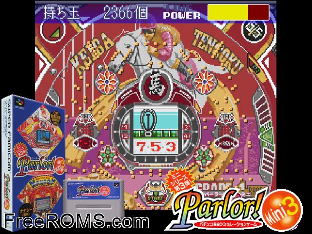 Parlor! Mini 3 - Pachinko Jikki Simulation Game SNES game showing 3D box cover and gameplay screenshot