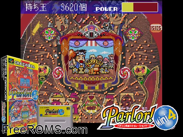 Parlor! Mini 4 - Pachinko Jikki Simulation Game SNES game showing 3D box cover and gameplay screenshot