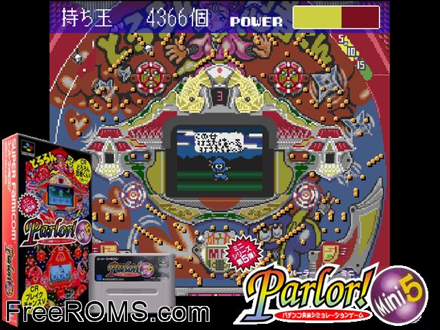 Parlor! Mini 5 - Pachinko Jikki Simulation Game SNES game showing 3D box cover and gameplay screenshot